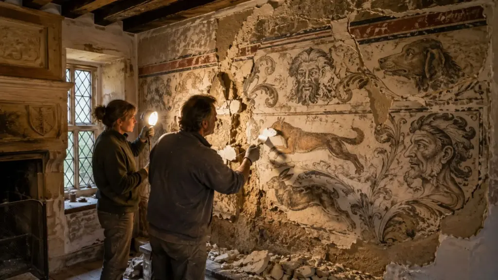 Casal remove reboco deteriorado durante reforma de antigo pavilhão de caça Tudor, em Cumbria, e revela novas partes de pinturas do século XVI escondidas nas paredes, com criaturas fantásticas, rostos grotescos, folhagens e animais que levaram o governo britânico a ampliar a proteção da propriedade rural