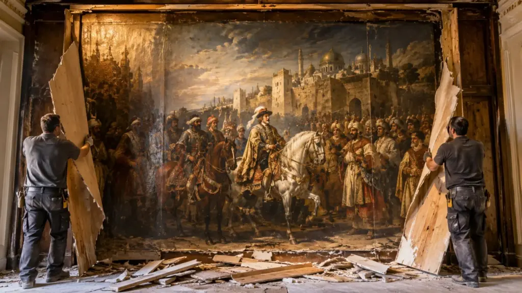 Operários derrubam divisória durante reforma da futura boutique Oscar de la Renta, em Paris, encontram pintura monumental de 1674 escondida atrás da parede e revelam cavaleiros, Jerusalém e um embaixador de Luís XIV em tela de 6 metros escurecida por verniz e intervenções antigas