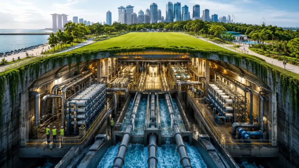 Singapura esconde uma usina de dessalinização sob um telhado verde de 20 mil m², alterna entre água do mar e de reservatório e produz 137 milhões de litros potáveis por dia