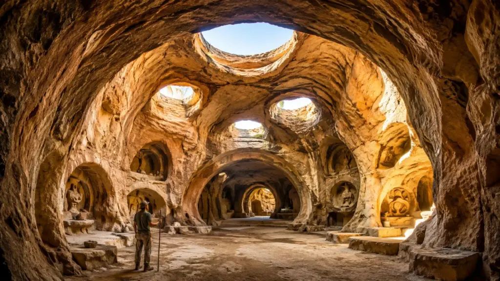 Com 14 cavernas escavadas por mais de 25 anos e apenas ferramentas manuais, homem transforma paredões de arenito em enormes salões subterrâneos com arcos, claraboias e esculturas feitas na própria rocha