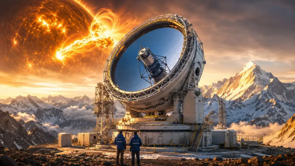 A China está erguendo a cerca de 4.700 metros de altitude uma estrutura que deverá se tornar o maior telescópio solar axissimétrico do planeta, usar um espelho de 2,5 metros e enxergar erupções inteiras capazes de ameaçar satélites, comunicações e redes elétricas A China está erguendo a cerca de 4.700 metros de altitude uma estrutura que deverá se tornar o maior telescópio solar axissimétrico do planeta, usar um espelho de 2,5 metros e enxergar erupções inteiras capazes de ameaçar satélites, comunicações e redes elétricas