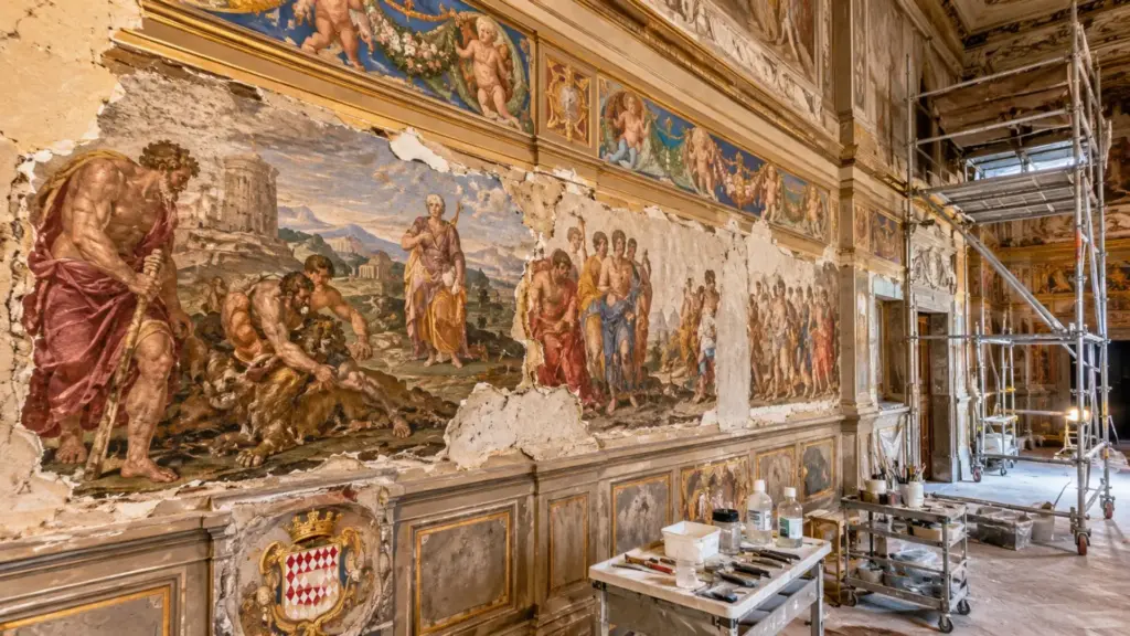Restauradores retiram camadas acumuladas durante obras no Palácio de Mônaco e encontram 600 metros quadrados de pinturas renascentistas escondidas havia séculos, com deuses, heróis e os Doze Trabalhos de Hércules sobre corredores da família real