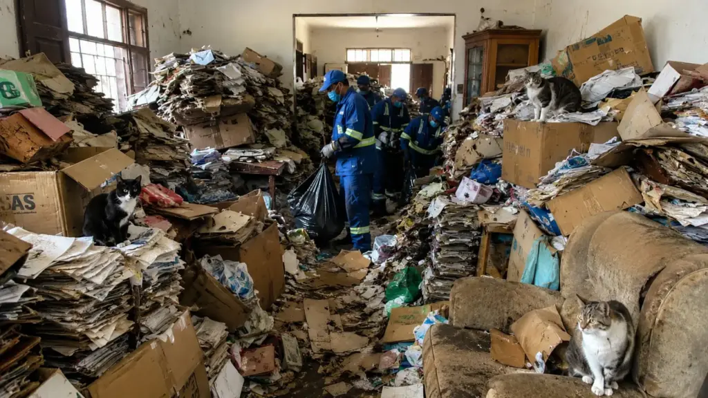 Professor aposentado acumula 54 toneladas de lixo dentro de casa no Acre e passa a viver entre montanhas de papelão, móveis destruídos e mais de 20 gatos em imóvel tomado por resíduos