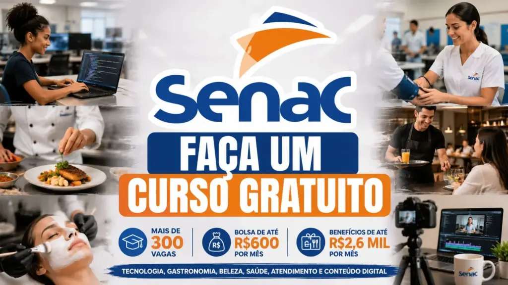 Senac vai pagar até R$ 2,6 mil por mês para cursos gratuitos de tecnologia, gastronomia, beleza, saúde, atendimento e conteúdo digital Senac vai pagar até R$ 2,6 mil por mês para cursos gratuitos de tecnologia, gastronomia, beleza, saúde, atendimento e conteúdo digital