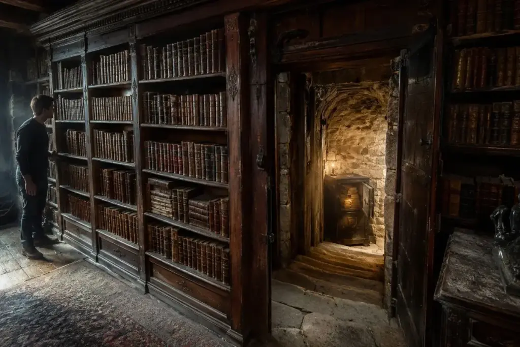 Intrigado com uma porta que aparecia num retrato de 1870 da própria casa de 500 anos, um jovem de 23 anos na Inglaterra achou atrás da estante uma passagem secreta que levava a cômodos ocultos e a um cofre com livros de 1848