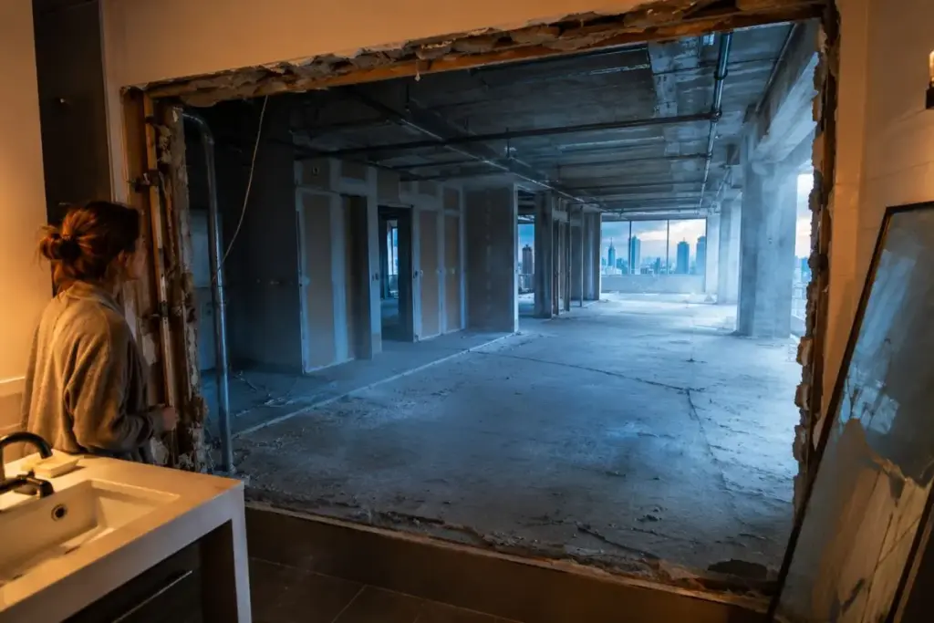 Investigando de onde vinha o ar frio do banheiro, uma moradora de Nova York removeu o espelho e achou atrás da parede um apartamento inteiro de três quartos, vazio e inacabado, num mistério que passou de 9 milhões de visualizações Investigando de onde vinha o ar frio do banheiro, uma moradora de Nova York removeu o espelho e achou atrás da parede um apartamento inteiro de três quartos, vazio e inacabado, num mistério que passou de 9 milhões de visualizações
