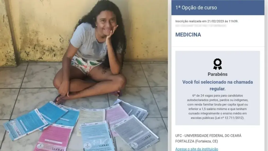 Jovem da periferia de Fortaleza fez 8 tentativas para entrar em Medicina, estudou balançando na rede com apostilas doadas e um celular, recusou uma vaga distante por falta de dinheiro e acabou aprovada na UFC, onde a mãe trabalha como zeladora há 11 anos e chorou ao mostrar o resultado aos professores