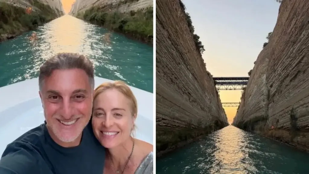 Luciano Huck e Angélica cruzaram de barco o Canal de Corinto, obra sonhada desde 600 a.C. e concluída somente em 1893: o corredor de 6,3 quilômetros atravessa paredões de quase 80 metros e substituiu uma antiga rota terrestre usada para transportar pequenas embarcações pelo istmo grego Luciano Huck e Angélica cruzaram de barco o Canal de Corinto, obra sonhada desde 600 a.C. e concluída somente em 1893: o corredor de 6,3 quilômetros atravessa paredões de quase 80 metros e substituiu uma antiga rota terrestre usada para transportar pequenas embarcações pelo istmo grego