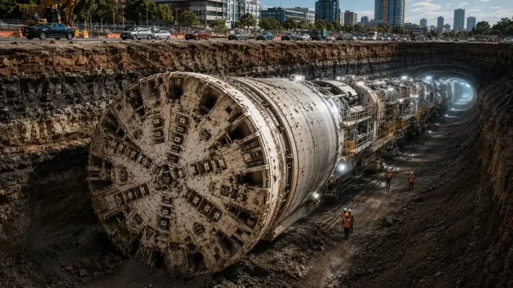 Máquina colossal de 100 metros e 3.500 toneladas começa a desaparecer sob Adelaide, opera dia e noite com até 20 trabalhadores em seu interior e abre o primeiro túnel de 4,5 quilômetros de uma obra de A$ 15,4 bilhões que promete cortar até 40 minutos das viagens e criar 78 quilômetros de rodovia sem interrupções