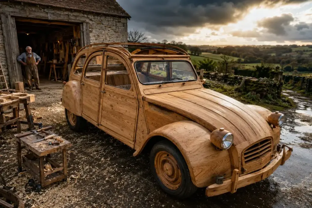 Sem indústria por trás e trabalhando sozinho na oficina de casa, um marceneiro aposentado francês esculpiu durante 5 anos e 5 mil horas um Citroën 2CV inteiro de madeira, com motor a gasolina, que roda a 80 km/h e foi leiloado por 224 mil dólares Sem indústria por trás e trabalhando sozinho na oficina de casa, um marceneiro aposentado francês esculpiu durante 5 anos e 5 mil horas um Citroën 2CV inteiro de madeira, com motor a gasolina, que roda a 80 km/h e foi leiloado por 224 mil dólares