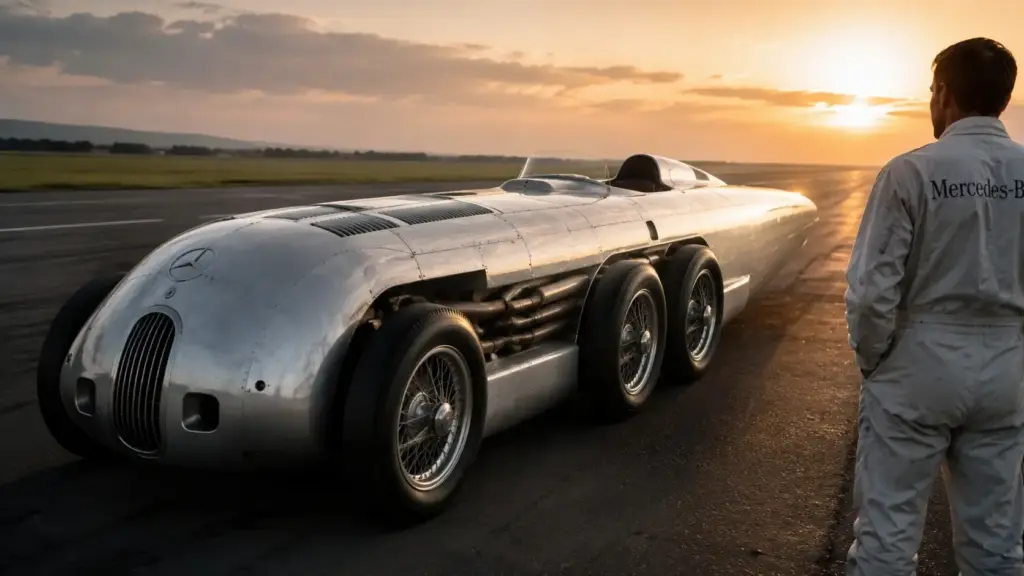 A Mercedes construiu um gigante de mais de oito metros, colocou seis rodas e um motor aeronáutico projetado para entregar até 3.500 cv, preparou tudo para atingir 650 km/h e nunca conseguiu realizar o teste