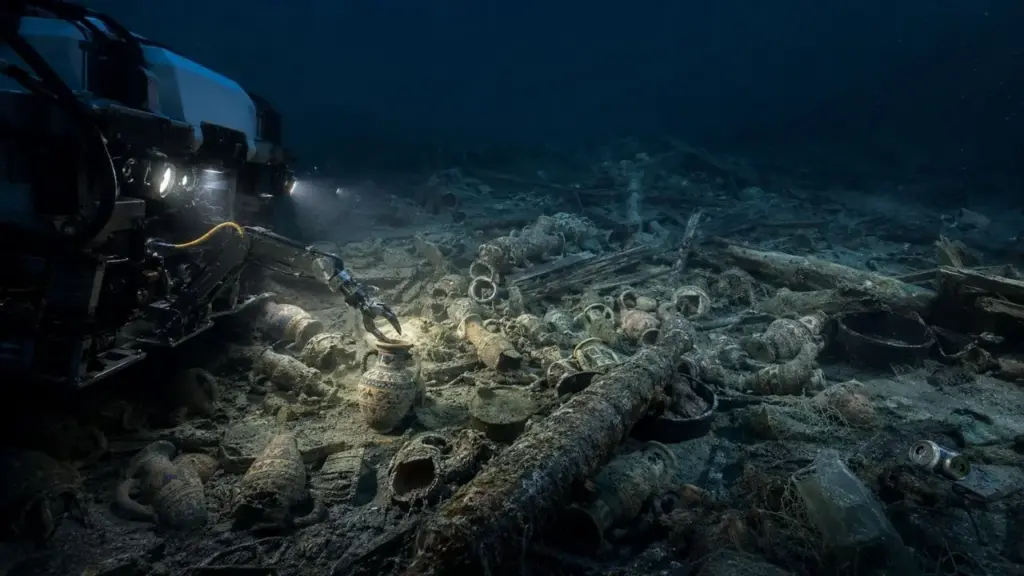 Naufrágio de quase 500 anos é explorado por robô submarino a 2,4 quilômetros de profundidade no Mediterrâneo, onde arqueólogos registram 66.974 imagens de seis canhões, 12 caldeirões e centenas de cerâmicas, recuperam quatro peças e revelam o navio mercante mais profundo já encontrado em águas francesas