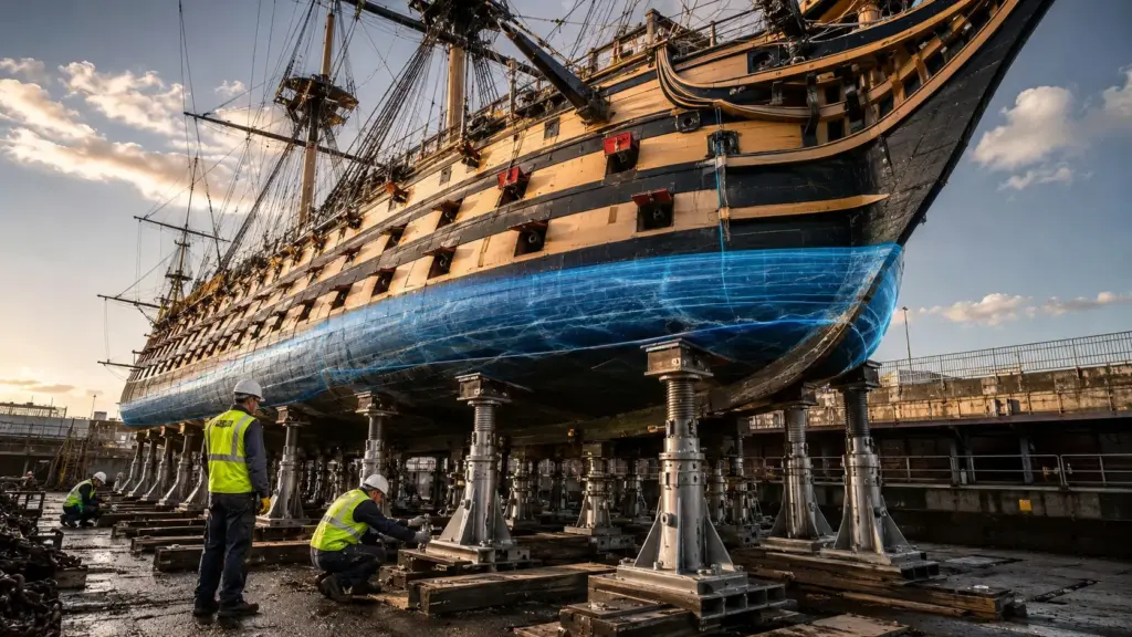 Navio de madeira do século XVIII começa a ceder mesmo protegido em terra, engenheiros retiram 22 apoios e instalam 134 suportes inteligentes para recriar a pressão da água no casco