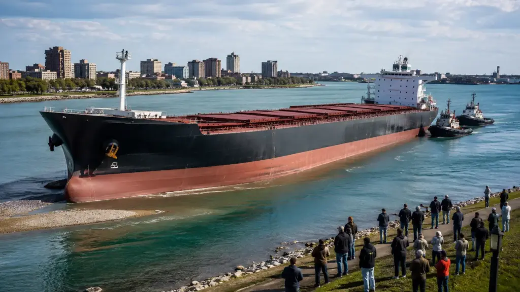 Ao sair carregado de grãos de um terminal no Canadá, navio de 225 metros encalha diante da cidade, atrai multidões, precisa mover água de lastro e recebe ajuda de dois rebocadores para voltar ao rio