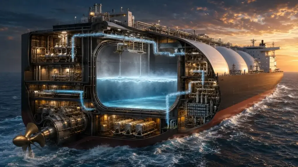 Navio transporta GNL a -162 °C, mas usa o vapor que escapa dos próprios tanques para mover a embarcação, alimentar geradores e controlar a pressão interna, enquanto o excesso pode ser resfriado e devolvido à carga, transformando uma evaporação inevitável em energia útil durante a travessia pelo oceano