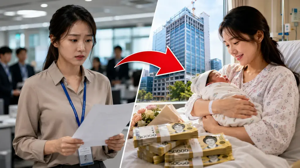 Funcionária foi contratada por construtora da Coreia do Sul, deu à luz no dia seguinte e recebeu 100 milhões de won, enquanto empresa já distribuiu sete bilhões de won a 70 trabalhadores Funcionária foi contratada por construtora da Coreia do Sul, deu à luz no dia seguinte e recebeu 100 milhões de won, enquanto empresa já distribuiu sete bilhões de won a 70 trabalhadores