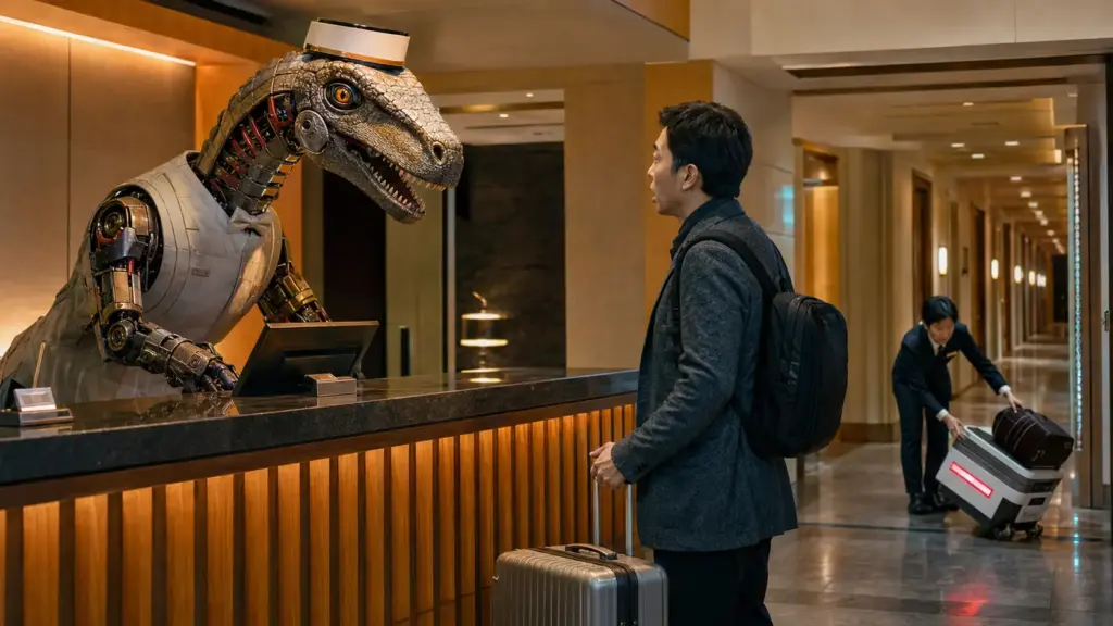Enquanto alguns acreditam que a IA vai acabar com empregos, hotel japonês colocou dinossauros robóticos na recepção, espalhou 243 máquinas pelos quartos e corredores, mas precisou desligar mais da metade após hóspedes serem acordados pela tecnologia e os funcionários ganharem ainda mais trabalho Enquanto alguns acreditam que a IA vai acabar com empregos, hotel japonês colocou dinossauros robóticos na recepção, espalhou 243 máquinas pelos quartos e corredores, mas precisou desligar mais da metade após hóspedes serem acordados pela tecnologia e os funcionários ganharem ainda mais trabalho