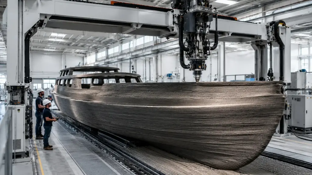 Impressora maior que muitos cômodos trabalha por 72 horas nos Estados Unidos e entrega um barco inteiro de 7,62 metros, 2,3 toneladas e casco feito com plástico e fibras de madeira