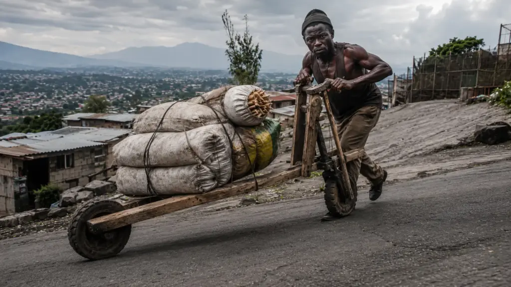 Sem motor, combustível ou peças industriais, patinete artesanal feito de eucalipto e pneus usados carrega centenas de quilos pelas subidas e descidas de Goma, no Congo
