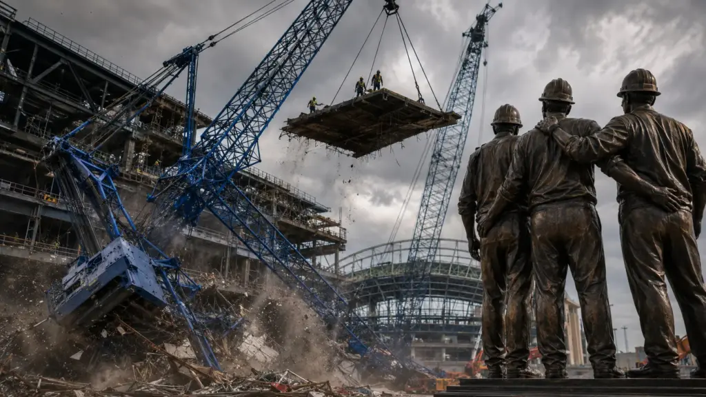 Guindaste desabou ao içar teto de mais de 450 toneladas durante construção de estádio nos Estados Unidos, matou três operários em queda de quase 90 metros, atrasou inauguração por um ano e levou arena a erguer estátuas de trabalhadores no lugar de jogadores