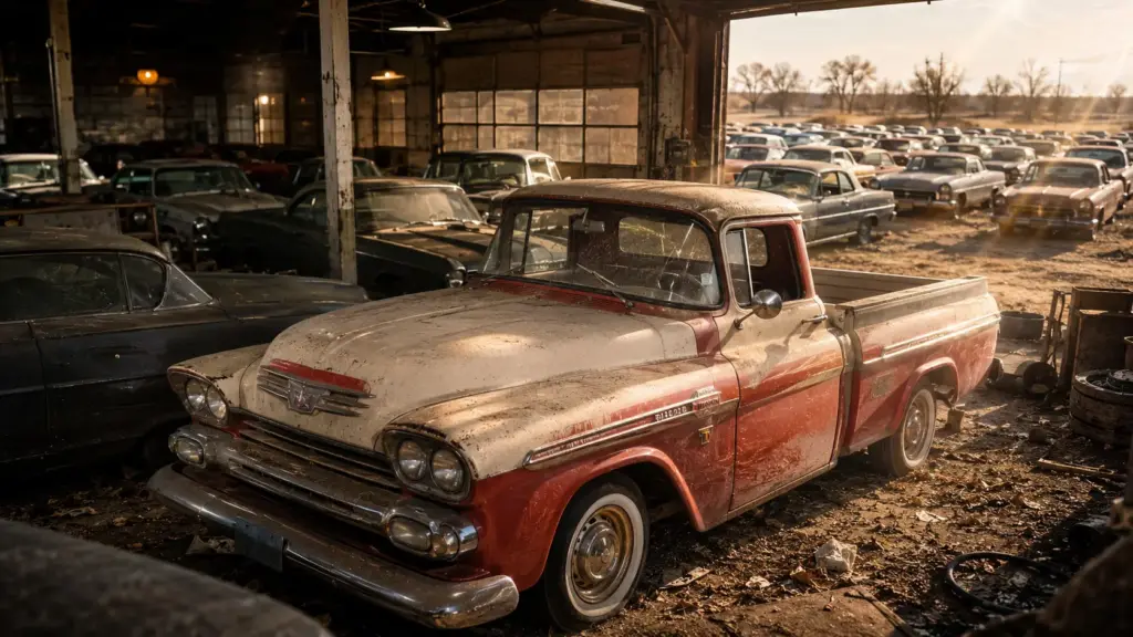 Enquanto carros comuns perdem valor depois de anos parados, uma concessionária fechada em Nebraska revelou quase 500 veículos esquecidos e uma Chevrolet Cameo 1958 com apenas 1,3 milha foi vendida por US$ 147 mil