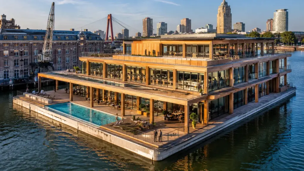 Maior escritório flutuante do mundo ocupa 3.600 metros quadrados em um antigo porto, tem piscina, restaurante, madeira desmontável e pode ser rebocado para outro lugar