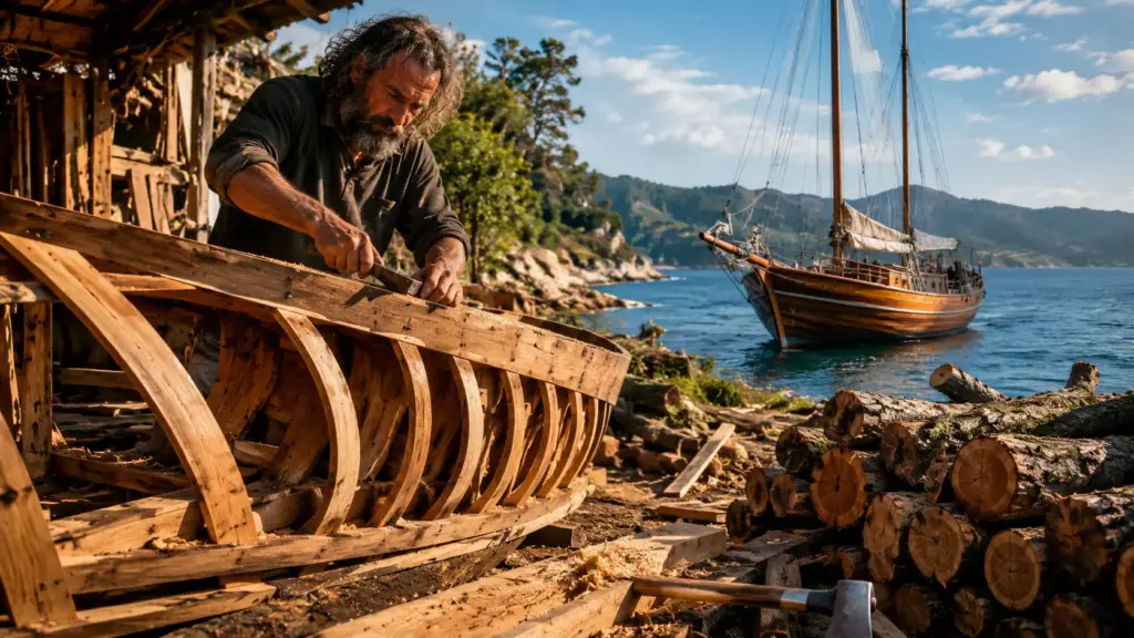 Sem experiência naval, homem derruba árvores de uma fazenda mantida pela família há cinco gerações, aprende a construir enquanto trabalha e passa sete anos transformando a madeira em um veleiro de cerca de 11,6 metros preparado para viagens oceânicas