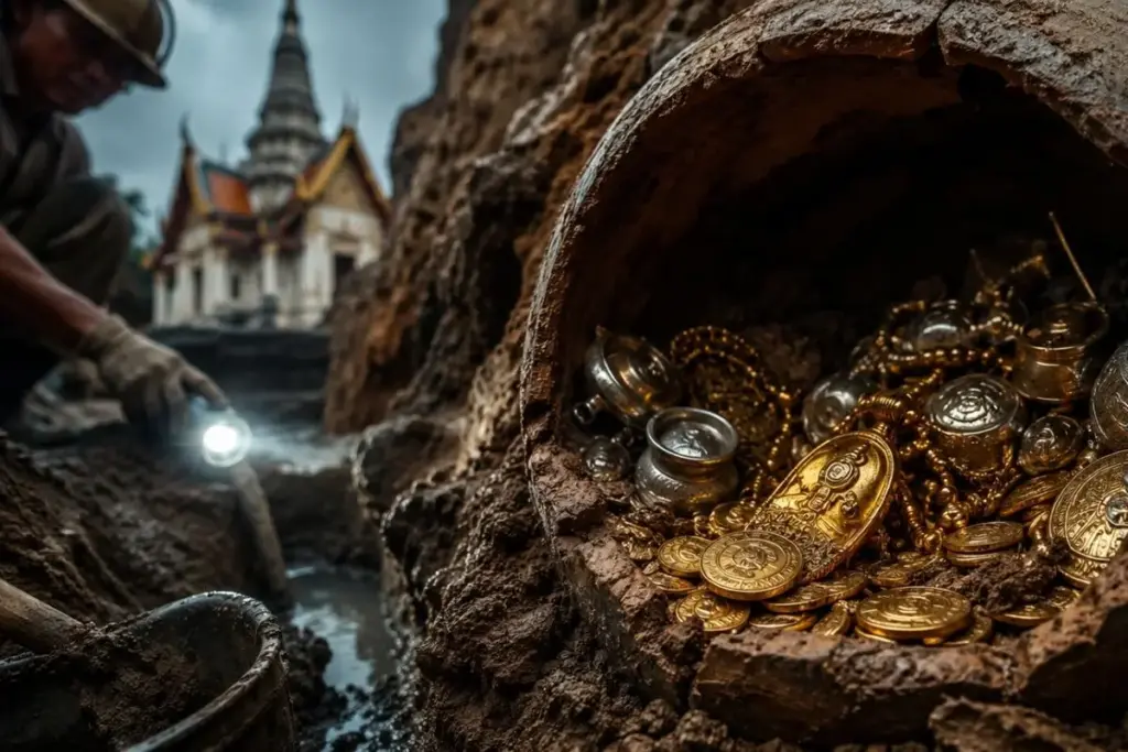 Obra de drenagem num templo tailandês esbarrou num pote a 1,3 metro de profundidade e revelou 33 peças de ouro, prata e bronze enterradas há 1.300 anos