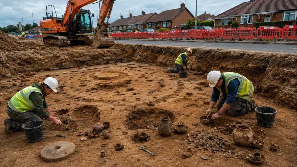 Construindo uma nova ligação viária nos arredores de Ipswich, equipes removeram o solo e revelaram duas casas circulares de uma aldeia de 3.000 anos, 18 cremações enterradas perto das moradias, estruturas de madeira, pesos de argila, cerâmicas, uma peça de liga de cobre e uma rara mó de sílex usada para triturar cereais Construindo uma nova ligação viária nos arredores de Ipswich, equipes removeram o solo e revelaram duas casas circulares de uma aldeia de 3.000 anos, 18 cremações enterradas perto das moradias, estruturas de madeira, pesos de argila, cerâmicas, uma peça de liga de cobre e uma rara mó de sílex usada para triturar cereais