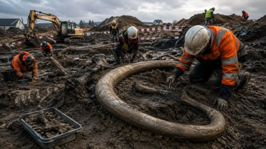 Obras perto de Regensburg revelam presa de 2,5 metros e mais de 70 ossos de mamute-lanoso processado por humanos há até 27 mil anos, enquanto marcas de ferramentas nas costelas mostram como caçadores-coletores retalharam a carcaça durante uma das fases mais frias da Era do Gelo