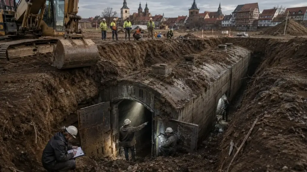Operários que preparavam um terreno para construir uma casa na Alemanha encontraram um abrigo antiaéreo da Segunda Guerra Mundial escondido havia mais de 80 anos: a estrutura de 20 metros preserva paredes de concreto, cinco poços de ventilação, portas duplas e marcas das formas de madeira usadas na obra