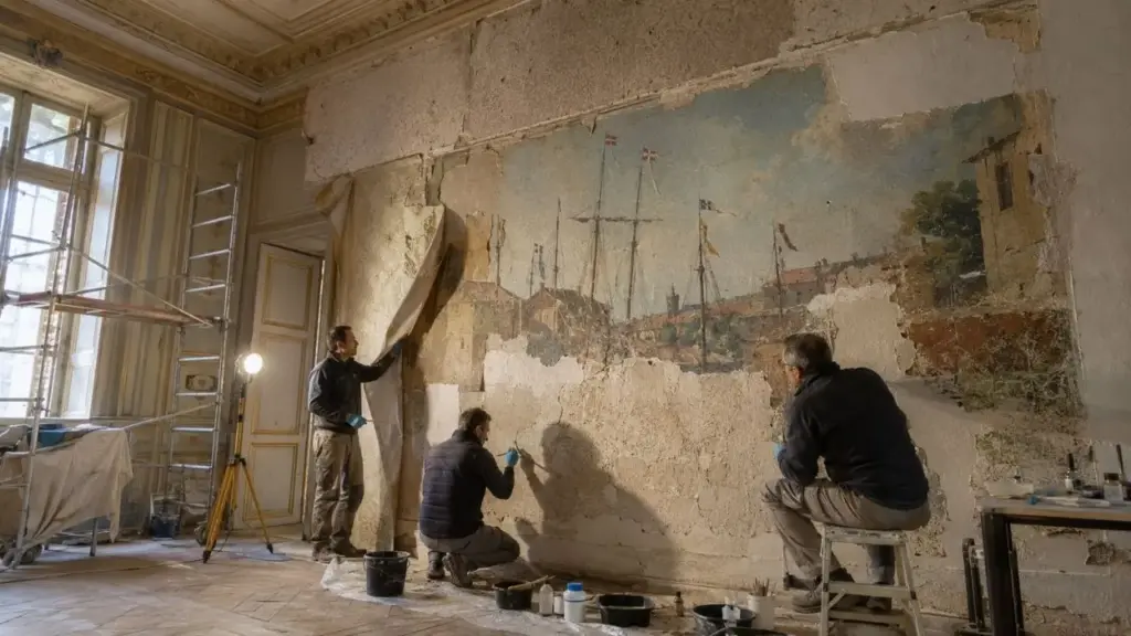 Operários reformam antiga mansão no sul da França e, ao retirar papel de parede e gesso, encontram mural de Paul Cézanne com mastros, bandeirolas e edifícios portuários, escondido por mais de um século e reconhecido como a décima pintura do grande salão da propriedade de 12,3 acres Operários reformam antiga mansão no sul da França e, ao retirar papel de parede e gesso, encontram mural de Paul Cézanne com mastros, bandeirolas e edifícios portuários, escondido por mais de um século e reconhecido como a décima pintura do grande salão da propriedade de 12,3 acres