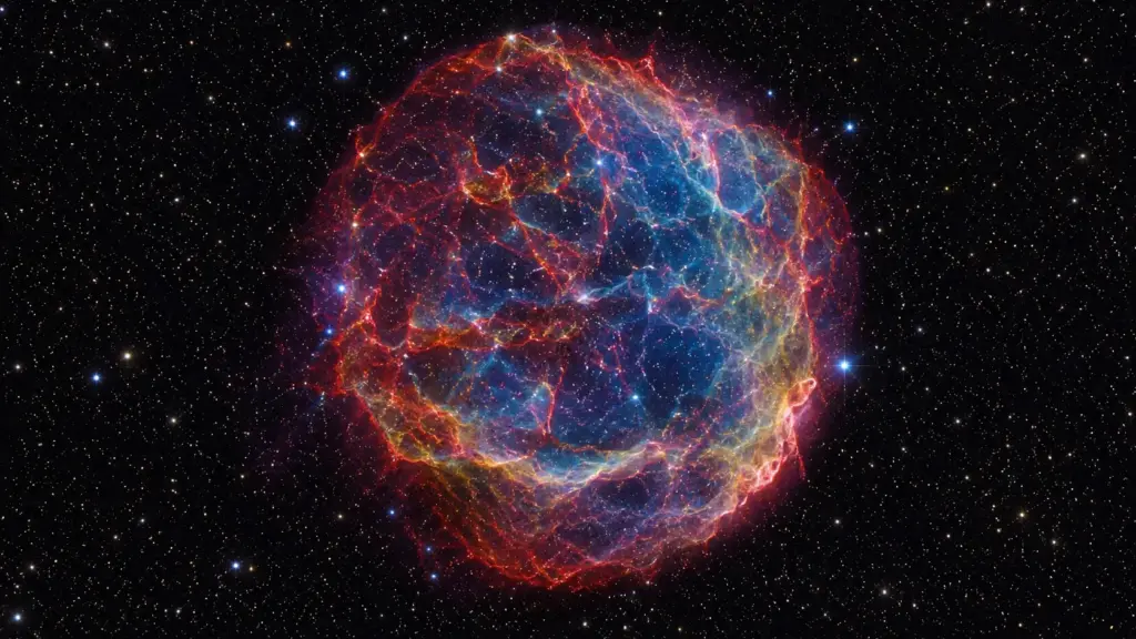 Explosão registrada há 845 anos deixa no espaço uma nebulosa colossal em forma de dente-de-leão, dispara filamentos a 1.100 km/s e mantém no coração dos destroços uma rara estrela zumbi nascida da fusão de duas anãs brancas