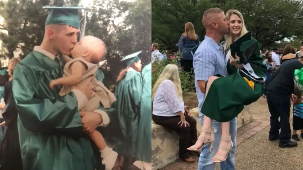 Pai e filha recriam fotografia da formatura 18 anos depois: ele segurou a menina ainda bebê durante a própria cerimônia e voltou a recebê-la no colo, agora formada na mesma escola, em uma imagem reproduzida quase quadro a quadro que atravessou o tempo e viralizou nas redes