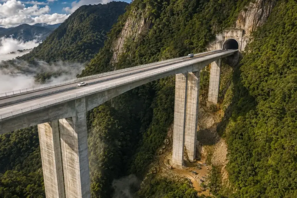 Para atravessar a Serra da Cantareira sem rasgar a mata por cima, engenheiros abriram 14 túneis no Rodoanel Norte de São Paulo, entre eles o maior da obra com 1,7 km, e ergueram um viaduto com pilares de 50 metros de altura Para atravessar a Serra da Cantareira sem rasgar a mata por cima, engenheiros abriram 14 túneis no Rodoanel Norte de São Paulo, entre eles o maior da obra com 1,7 km, e ergueram um viaduto com pilares de 50 metros de altura