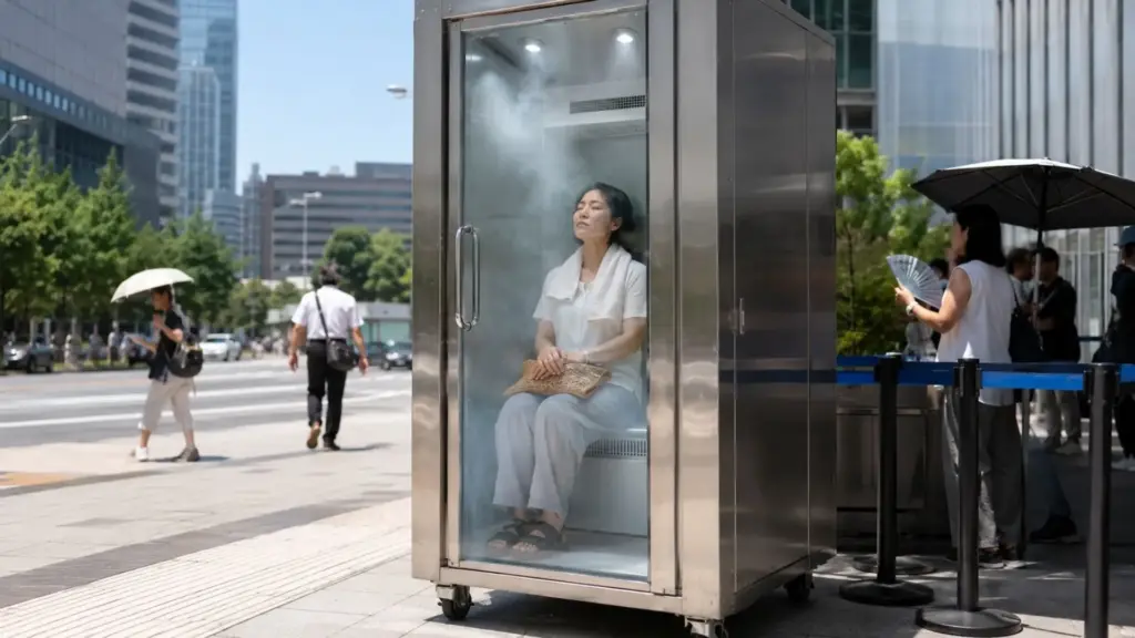 Para conter a onda de insolação nos verões cada vez mais quentes, o Japão criou uma cabine apelidada de ‘geladeira humana’ que joga jatos de ar a 5°C na cabeça, no pescoço e nas costas e derruba a temperatura do corpo em cerca de dez minutos, já instalada de graça em espaços públicos
