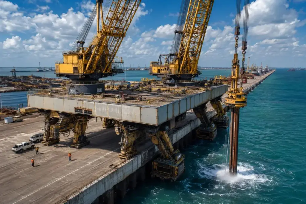 Para cravar estacas dentro do mar sem balsa, sem rebocador e sem esperar a maré, 150 operários maranhenses tocam no Porto do Itaqui uma plataforma que caminha sozinha sobre o cais carregando dois guindastes de 200 toneladas cada Para cravar estacas dentro do mar sem balsa, sem rebocador e sem esperar a maré, 150 operários maranhenses tocam no Porto do Itaqui uma plataforma que caminha sozinha sobre o cais carregando dois guindastes de 200 toneladas cada