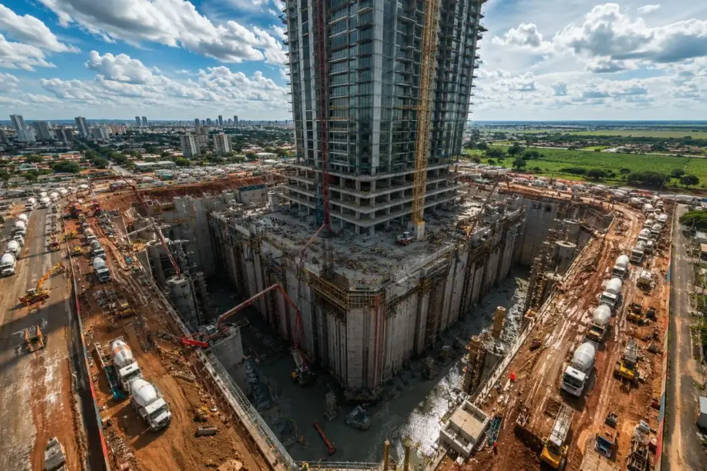 Para fincar o prédio mais alto do norte de Mato Grosso, engenheiros cavaram a fundação mais profunda do Brasil, 50 metros abaixo do chão da terra da soja, e despejaram 15 mil metros cúbicos de concreto em cerca de 1.900 caminhões-betoneira para segurar 42 andares