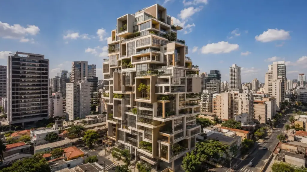 Para fugir do escritório de laje única, arquitetos ergueram em São Paulo, um prédio pixelado de 21 andares com volumes que saltam da fachada formando varandas de pé-direito duplo, escritórios em triplex e jardineiras que vão receber árvores de grande porte no alto Para fugir do escritório de laje única, arquitetos ergueram em São Paulo, um prédio pixelado de 21 andares com volumes que saltam da fachada formando varandas de pé-direito duplo, escritórios em triplex e jardineiras que vão receber árvores de grande porte no alto