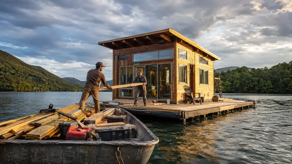 Para morar onde carros não chegam, casal transportou materiais pelo lago, trabalhou todos os dias durante dois meses e construiu casa flutuante de 33 m² por cerca de US$ 90 mil