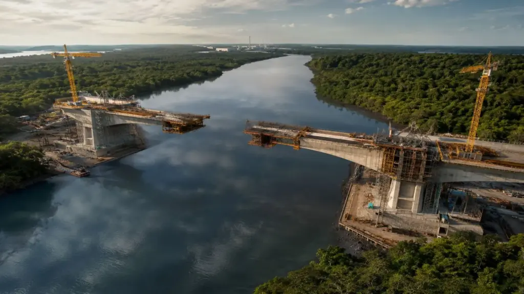 Para não fincar um único pilar dentro do rio, engenheiros começaram a avançar a ponte de Joinville sobre a água a partir das margens, concretando a base que vai sustentar o vão principal