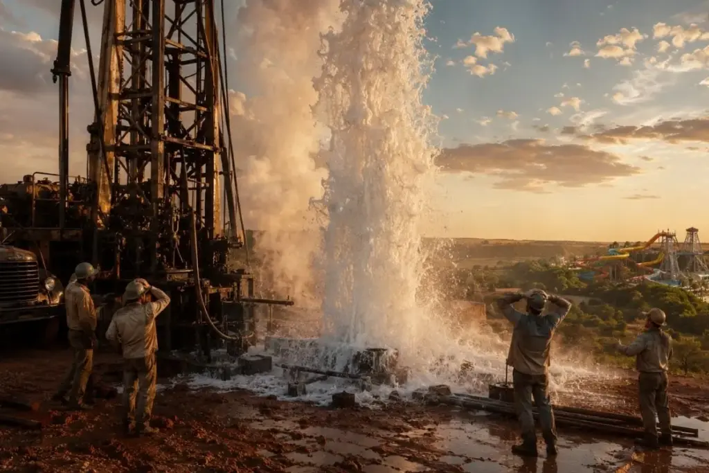 Perfuratrizes caçavam petróleo no interior paulista nos anos 1960 e o que jorrou foi água quente do Aquífero Guarani, acidente que fez Olímpia abrigar o segundo parque aquático mais visitado do planeta em 2023