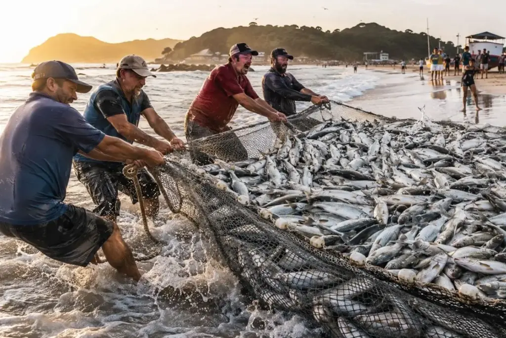 Pescadores puxaram a rede em São Francisco do Sul e vieram 1.440 tainhas de uma vez só, um dos maiores lanços da temporada no local, e a reação registrada em vídeo emocionou a internet