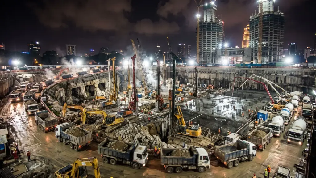 Para sustentar duas torres de 452 metros sobre solo com calcário cárstico e cavidades subterrâneas, engenheiros removeram mais de 500 caminhões de terra por noite, cravaram 104 elementos de fundação por torre e despejaram 13,2 mil metros cúbicos de concreto em 54 horas Para sustentar duas torres de 452 metros sobre solo com calcário cárstico e cavidades subterrâneas, engenheiros removeram mais de 500 caminhões de terra por noite, cravaram 104 elementos de fundação por torre e despejaram 13,2 mil metros cúbicos de concreto em 54 horas