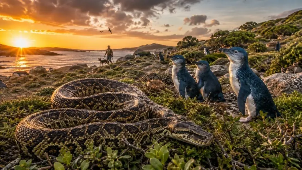 Pítons-tapete podem se tornar aliadas dos menores pinguins do mundo na Austrália ao controlar ratos e coelhos invasores, enquanto projetos com cães, erradicação de raposas e recuperação da vegetação mostram que proteger as colônias exige restaurar todo o equilíbrio ecológico das ilhas e áreas costeiras