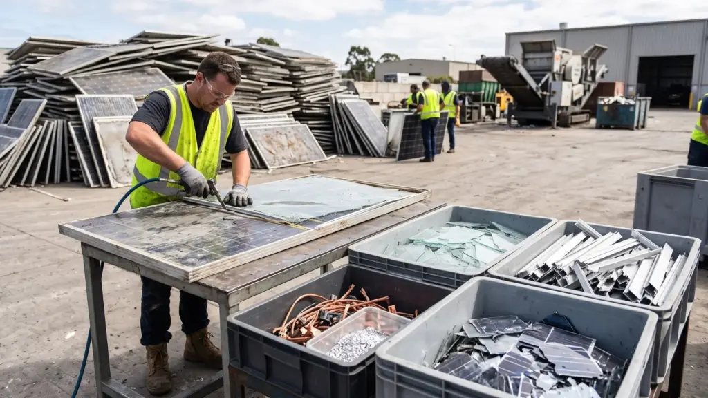 Placas solares velhas que poderiam virar montanhas de lixo tecnológico começam a ser desmontadas para recuperar vidro, alumínio, cobre, silício e até prata, enquanto o descarte global de painéis pode chegar a 78 milhões de toneladas até 2050