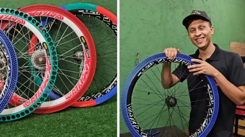 Pneus de bicicleta sem ar são impressos em 3D por brasileiros após dois meses de testes, usam TPU em quatro formatos e rodam sobre pedras, água, pregos e faca sem murchar, enquanto modelo em seta se mostra o mais eficiente em resistência e amortecimento durante os testes finais
