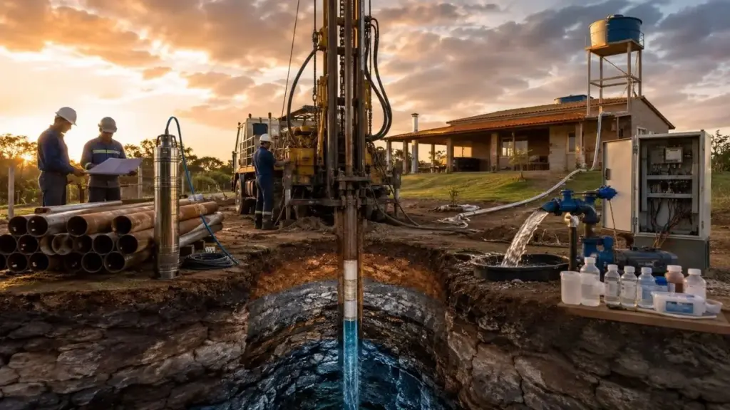 Poço artesiano residencial pode partir de R$ 18 mil e ultrapassar R$ 127,5 mil quando profundidade, tipo de rocha, revestimento, bomba, instalação elétrica, tubulação, análise da água e regularização entram na conta, transformando uma perfuração aparentemente simples em obra técnica sujeita a custos adicionais depois de encontrar água