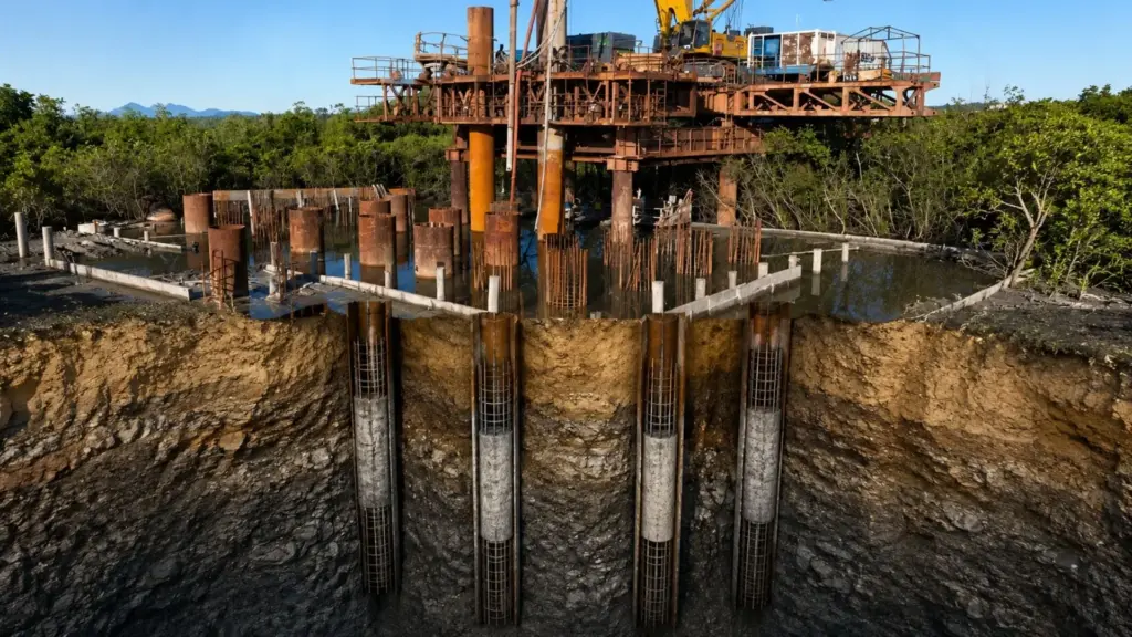 Ponte de R$ 395,3 milhões tem uma parte que ninguém vai enxergar, estacas escavadas a até 39 metros embaixo do chão, o equivalente a um prédio de 13 andares enterrado para segurar a estrutura em Joinville