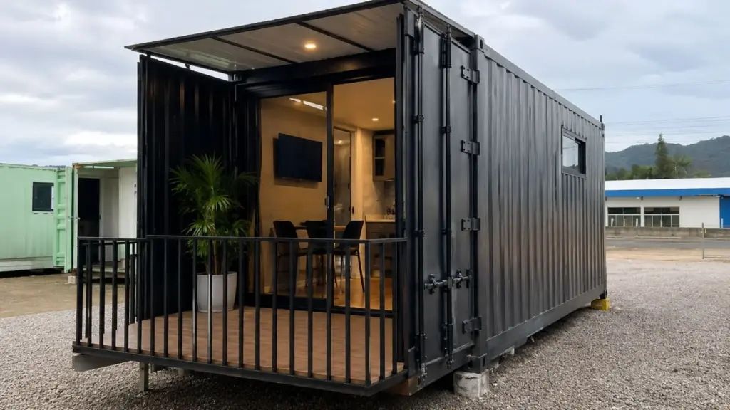 Por cerca de R$ 34,9 mil é possível ter uma casa inteira feita de contêiner, com piso vinílico, banheiro revestido e elétrica pronta, e por R$ 5 mil a mais ainda dá para incluir uma varanda usando as portas originais da estrutura
